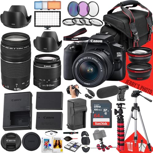 Canon EOS 250D / Rebel SL3 DSLR Camera with EF-S 18-55mm f/3.5-5.6 III DC and EF 75-300mm f/4-5.6 III Lens + 64 GB Memory + Extra Battery + Microphone + LED Light + More (40pc Bundle) (Renewed)