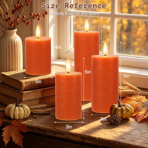 Image of Orange Flickering Flameless Candles, Real Wax Battery Operated Candles with Remote, Flat Top Led Flameless Pillar Candles for Home, Wedding, Party Decor, Set of 4