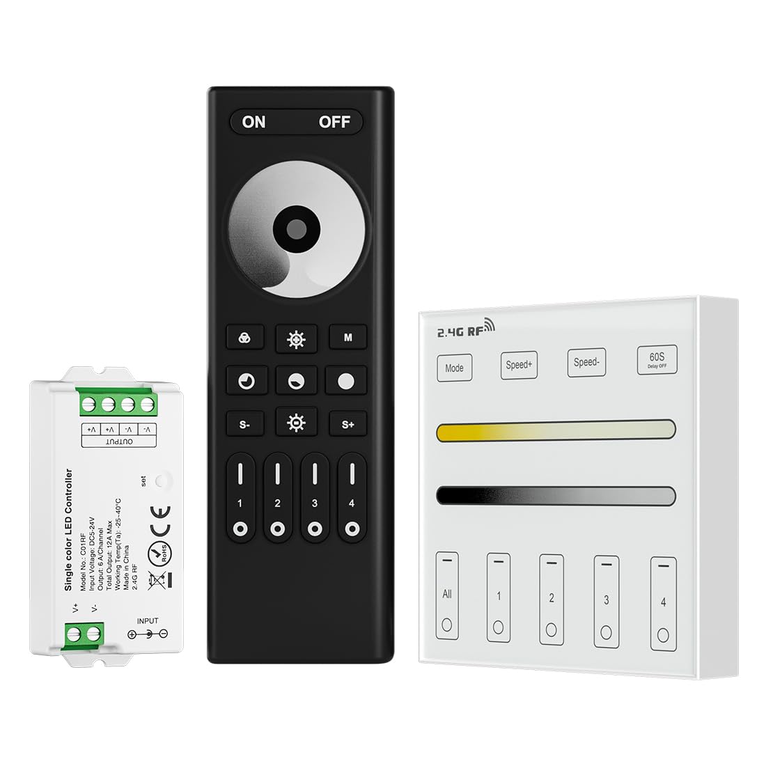 BTF-LIGHTING RF 2.4GHz Wireless Remote RC01RFB & C01RF Tuya LED Controller Kit PWM Single Color (+V -V) 2PIN LED Strip, WR02RF RF 4 Zone Group Control Single Color Wall Mounted Smart Panel Remote