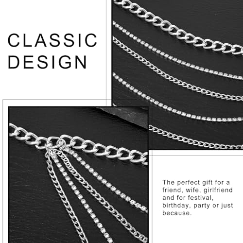 Layered Sparkly Rhinestone Chain Belt, Adjustable Bohemian Waist Belt Silver Rhinestones Belly Waistband for Women4