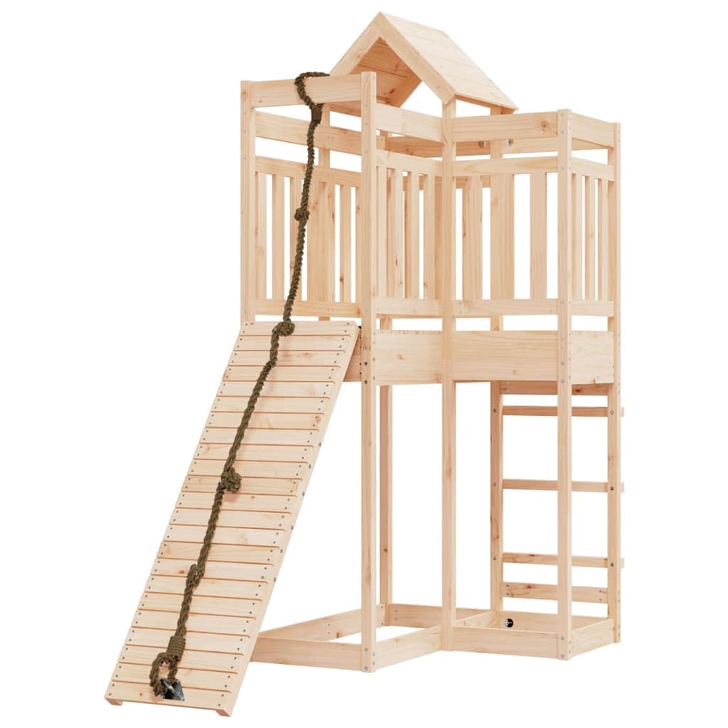 Torre da gioco in legno di pino massiccio con parete da arrampicata e sabbiera per giardino e terrazza, giocattolo da giardino per bambini con scivolo, altalena, arrampicata e dondolo