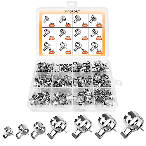 Sinofort 118 Pièces Clip à Ressort Tuyau Serrage, 6/7/8/9/10/11/12mm Colliers De Serrage à Ressort, Ajustable Collier Durite Essence pour Tuyau D'essence,...