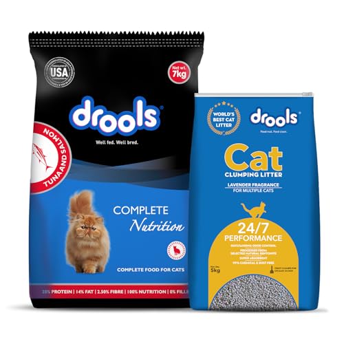 Image of Drools Adult Dry Cat Food 7kg with 5kg Free Cat Litter | Tuna & Salmon Flavour | Taurine Supports Heart Health | Promotes Skin & Coat | Maintains Urinary pH | Reduces Hairball Formation (1 Count)