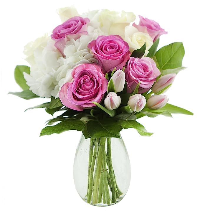 KaBloom - Bouquet of Purple Roses,White Hydrangea,Purple Orchids and Greens with Vase - Fresh Flowers for Birthday, Valentine's & Mother's Day: Without Vase Roses and Hydrangeas Bouquet