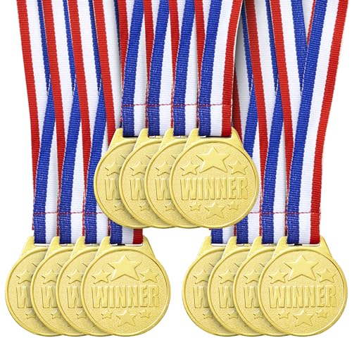 Juvale 12 Pack Gold Winning Participation Medal Awards for Contests with Neck Ribbon for Sports, Competitions, Tournaments, Spelling Bees, Olympic Style for Kids and Adults (Metal, 1.5 Inches)