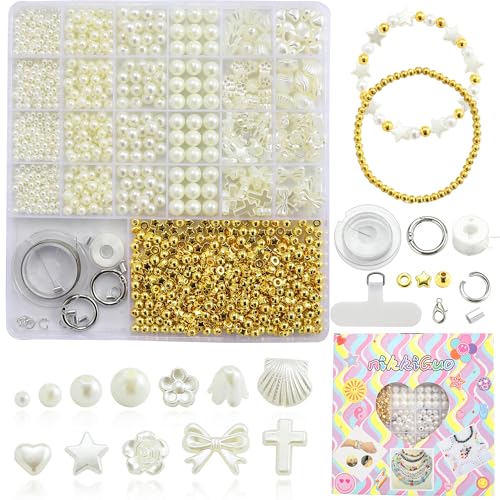 nikkiGuo 1300 Imitation Pearls, 4 Sizes of Round Pearls with Gold Beads, Various Shapes Set for Making Bracelets, Friendship Bracelets, Necklaces, Earrings DIY Decorative Beads