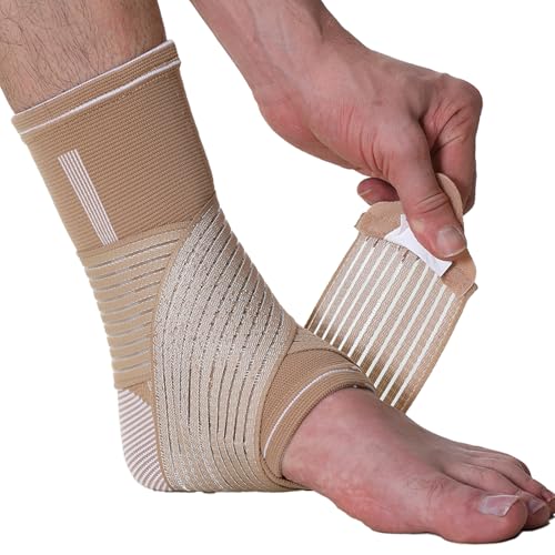 NEOtech Care Tobillera ancha de sujeción - Tejido ligero, elástico y transpirable - Tira de compresión ajustable (Beige, Talla M, 1 Unidad)