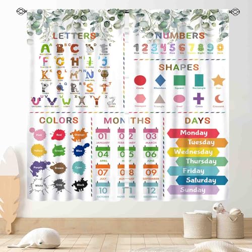 ABC Alphabet Classroom Curtains, Kids Cartoon Animal Educational Learning Colorful Back to School Eucalyptus Leaves Window Drapery for Baby Girls Boys Bedroom Living Room Nursery Shelves, 63"x63" Inch