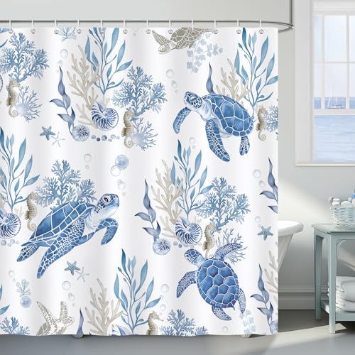 Bonhause Cortina de Ducha Tortuga Marina Océano Azul Coral Bajo el Mar Cortina de Baño de Poliéster Impermeable Antimoho Lavable Cortina Ducha 180 x 180 cm con 12 Ganchos