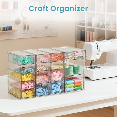 Image of Vtopmart 4 Set Clear Desk Organizer, Acrylic Pen Organizer with 16 Drawers | Desktop Organization and Storage, Clear Storage Drawers for Office Supplies, Pen, Makeup, Art Craft, Jewelry, Nail