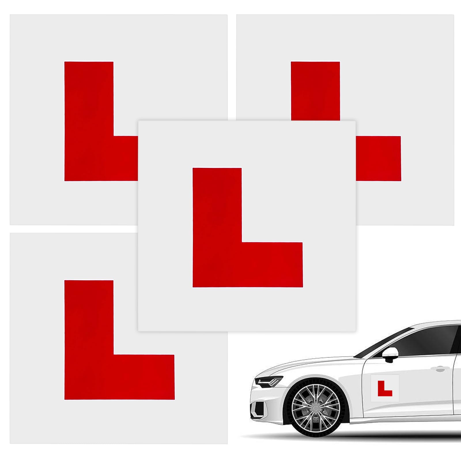 KMZ 4 Pack Learner L Plate for Car Motorcycle Self Adhesive L Sticker Waterproof Vinyl Sticker for Car Learner Sign UK Learner Drivers (17.8 * 17.8CM)