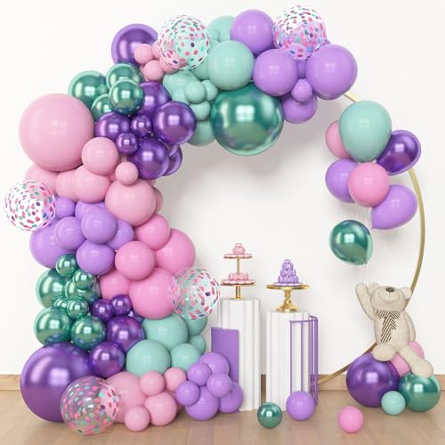 Image of Amandir 153pcs Mermaid Balloon Garland Arch Kit Different Sizes | 18 12 10 5 inch Purple Pink Green Latex Metallic Confetti Balloons for Girl Ocean Themed Party Decorations