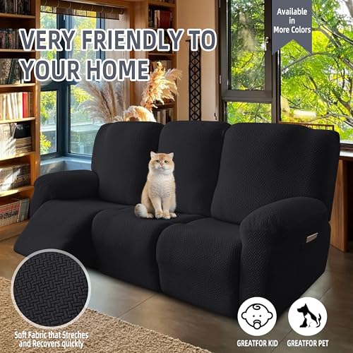 Image of Genina Recliner Sofa Covers - Stretch Reclining Couch Covers with Stripe Jacquard - 3 Seat Cushion Slipcovers with Soft Fabric - Furniture Protector for Pet Kid (Black)