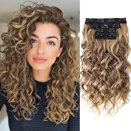 Clip in Hair Extensions,LEOSA 4PCS 16 inch Curly...