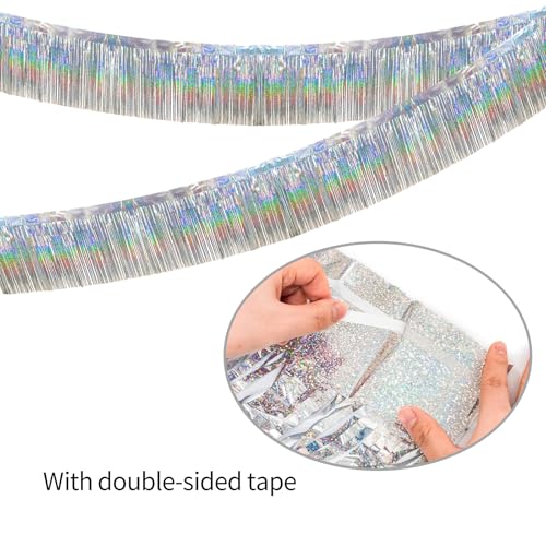 Image of 4 Packs 10 Feet Long Laser Silver Foil Fringe Garland Shiny Metallic Tinsel Wall Hanging Banner for Car Parade Birthday Parties Floats Wedding Baby Shower Ceremonies Bachelorette Garden Decorations