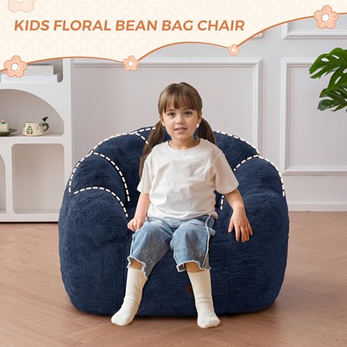 Image of MAXYOYO Kids Bean Bag Chair, Floral Shaped Bean Bag Sofa, Plush Faux Fur Toddler Couch with Petal Backrest for Boys Girls, Stuffed Cozy Sofa for Nursery, Bedroom, Navy