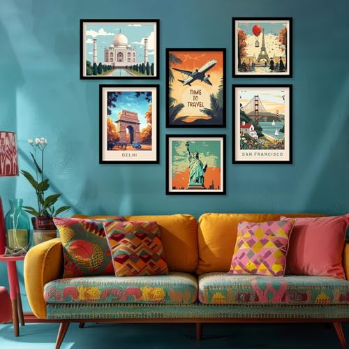 Image of kotart Retro Travel Theme - Modern Art City Vibes Wall Decor Photo Frames - Framed Posters - Wall Poster with Frame for Room Office Living Room Hotel Home Decor Set of 8 (Art 2, Big(13x17 or 13x13 inch), Framed)
