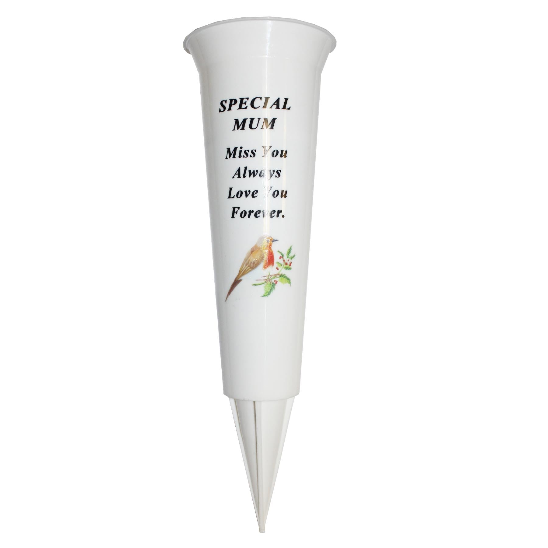 Widdle Gifts Special Mum 8712 Memorial Grave Flower Pot - 33Cm Tall Sturdy White Memorial Graveside Flower Vase With Spike And Robin Image (Special Mum 8712)