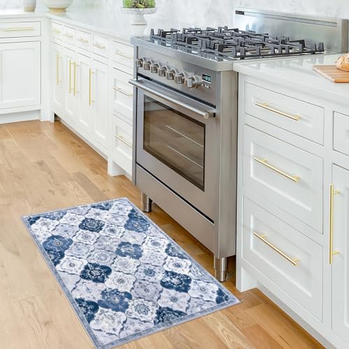 KILOCOCO 2x3 Small Area Rug, Moroccan Super Soft Entryway Rugs Indoor Vintage Washable Rug Non-Slip Indoor Door Mat, Accent Print Faux Wool Throw Rug for Kitchen Bedroom Entrance, Blue/Grey/Multi