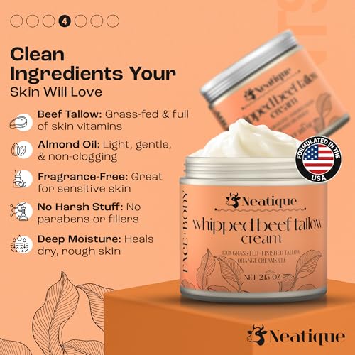 Neatique 100% Grass Fed Beef Tallow for Skin Care Face & Body | Whipped Moisturizer for Skin | with Organic Beeswax & Organic Honey Balm | All Natural Formula, 2.13oz (2.13 Ounce, Orange)
