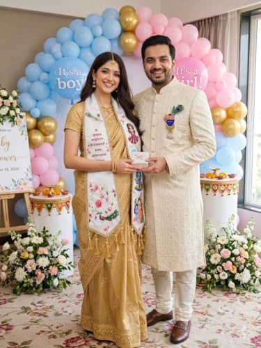Image of Mom to Be Baby Shower Dupatta for Godh Bharai and baby shower Stoles with Bal Krishna Print, Ceremonial Festive Seemantham Functions FREE Shreenathji Brooch Pin for Dad to Be