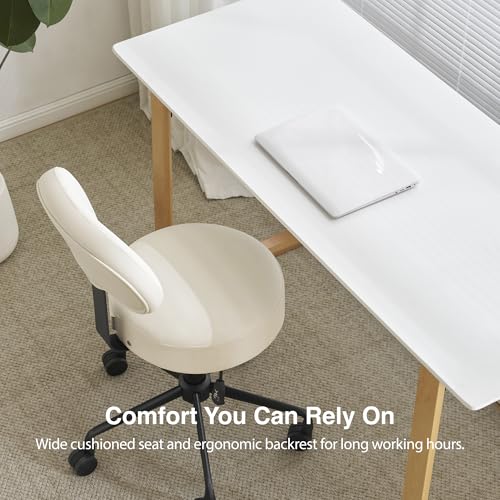 Image of Heavy Duty Extra Wide Thick Cushion Seat Adjustable Height Swivel Rolling Stool with Tiltable Backrest for Clinic, Salon, Tattoo, Office, Bar and Home - NAIA 502B (Vanilla)