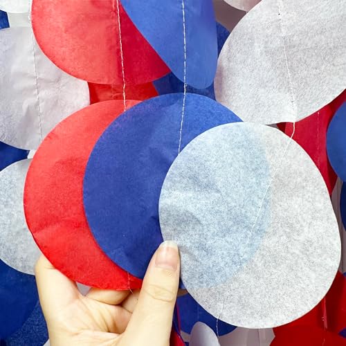 Image of 192Ft Royal Blue Red White Party Decorations Big Circle Dots Tissue Paper Backdrop Streamer Garland for 4th of July American USA National Day Patriotic Veterans Graduation Wedding Birthday Party