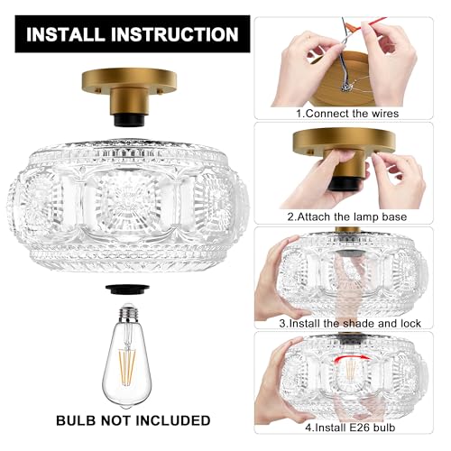 Image of 12 Inch Globe Glass Semi Flush Mount Ceiling Light Fixture, Gold