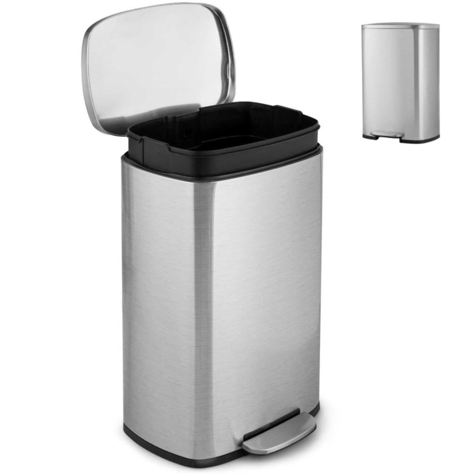 COSTWAY 50L Kitchen Bin, Soft Closure Stainless Steel Recycling Pedal Bin with Removable Bucket & Handles, Fingerprint-Proof Rubbish Trash Can Dustbin for Home Office (42 x 30 x 64cm)