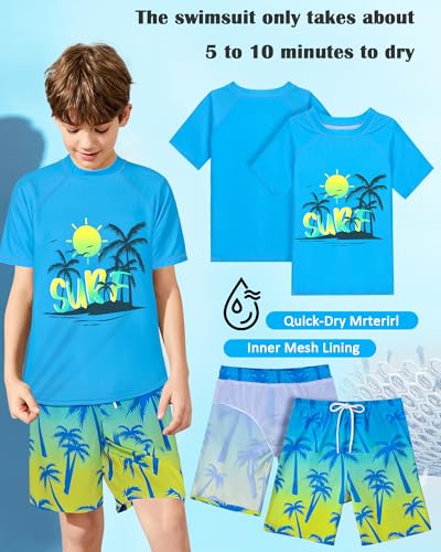 Boys Two Piece Rash Guard Swimsuits Sets Kids Short Sleeve Swim Shirts Bathing Suit with Swim Trunks Swimwear Set2