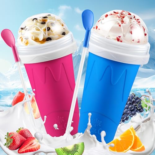Tgosomt 2Pack Slushie Maker Cup, Quick Magic Squeeze Smoothies Cup, DIY Frozen Slushy Cups, Juice Milk shake Yogurt Ice Cream Maker, Double Layers Cooling Cups, Cool Fun Gifts (Blue&Pink)