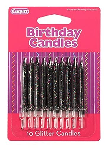 CULPITT Glitter Cake Candles, 10 Pack, Birthday Candle for Cakes & Cupcakes with a Clear Holder, Add Some Sparkle to Birthdays, Anniversaries, Special Occasions - Black 10