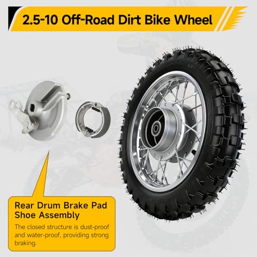 Image of 2.5-10 Dirt Bike Rear Wheel Compatible with CRF50 SSR70 TTR50 XR50, 2.5 x 10 Tire & Rim for Apollo Taotao 50cc 70cc 90cc 110cc Pit Bike Motorcycle Parts with Drum Brake Pad Shoe Assembly Silver