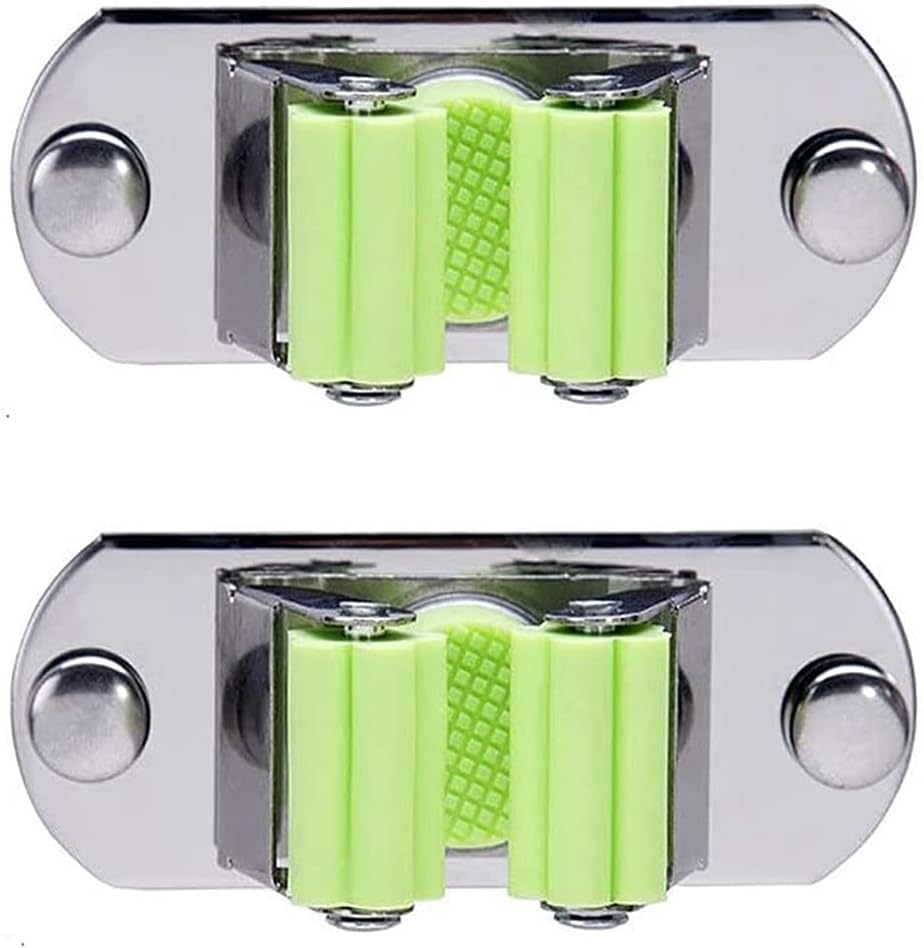 INOVERA (LABEL) Stainless Steel, Rubber Wall Mounted Adhesive Single Mop & Broom Holder with Screw - 8.5L x 4.5W x 3.5H cm, Green, Pack of 2