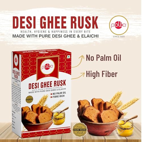 Image of POLKA Desi Ghee Elaichi Rusk | No Palm Oil Toast | Healthy Snacks for Kids | Fresh Crunchy Healthy Tostea Food (300 GM)