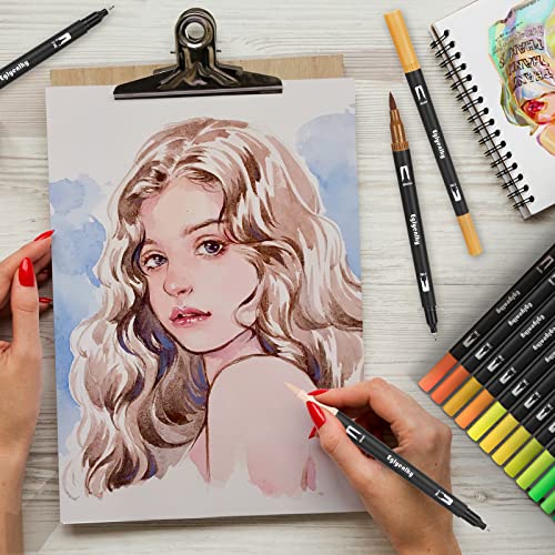Image of Eglyenlky 60 Coloring Pens for Adult Coloring Books, Dual Tip Brush Pens, Felt Markers with Fine and Brush Watercolor Marker Set for Kid Adult Artist Drawing