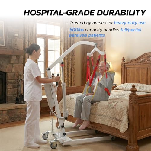 Image of Electric Patient Lift with Commode Sling, Full Size | 500lbs, Full Partial Paralysis Disabled Bedridden, Battery Powered, Home Hospital Healthcare Use