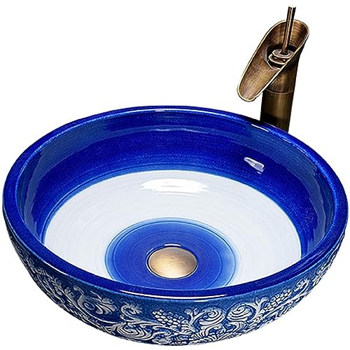 ZTGL Lavabo sobre Encimera Redondo 42x42x14 cm, Fregadero Cerámica Rustico Azul, Lavabo de Único Pintado a Mano, Lavabo de Baño con Grifo y Accesorios