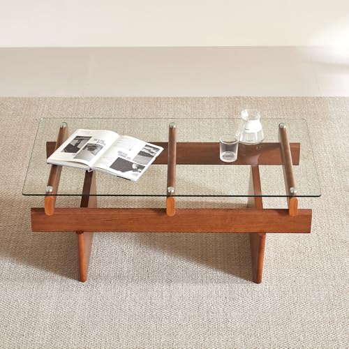 IWOOD Glass Coffee Table for Living Room,100% Solid Wood Coffee Table with Rectangular Tempered Glass Top,Mid Century Modern Coffee Table,Walnut
