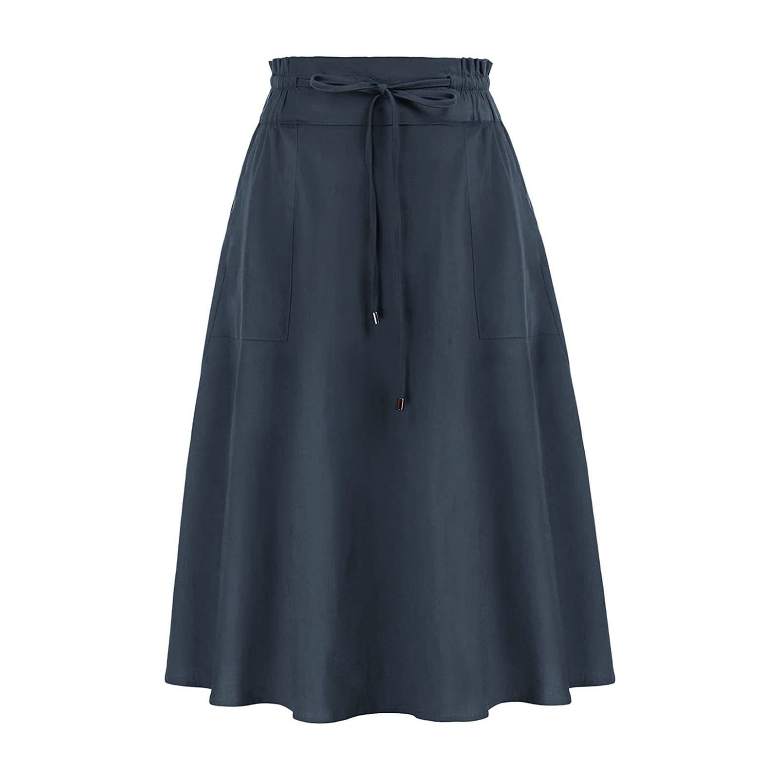 Gonna Estiva Donna al Ginocchio Cotone E Lino Tinta Unita Gonne Estive Donna Elastico in Vita Boho Gonna Midi Larga A Trapezio con Tasche Gonne Estive Leggere A Vita Alta con Coulisse Abito Corto