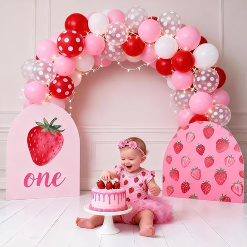 Image of Red Pink White Strawberry Balloons, 50Pcs 12inch Red Light Pink White Clear Polka Dot cherry Latex Balloons for Girl Women Birthday Baby Shower Berry First Galentines Wedding Party Decorations