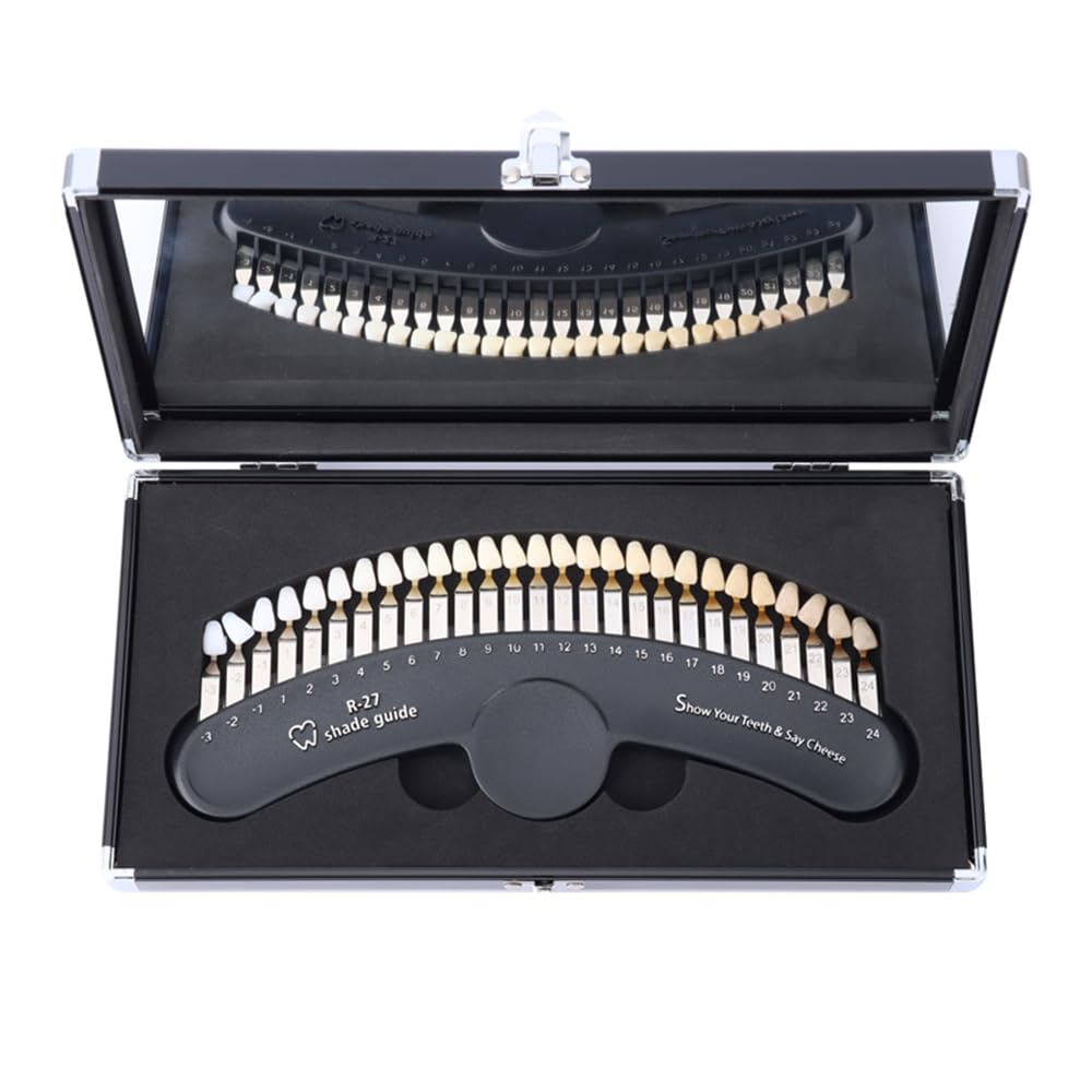 Professional 3D R-27 Dental Tooth Teeth Whitening Shade Guide for Dentist Tracking Teeth Whitening Course Teeth Whitening Shade Guide with Mirror, Classical Tooth Bleaching Shade Chart
