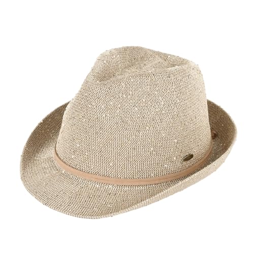 Funky Junque Straw Fedora Hats for Women - UPF 50+ Sun Hat Short Brim Packable Beach Hat with Woven Pattern - Sequin - Beige