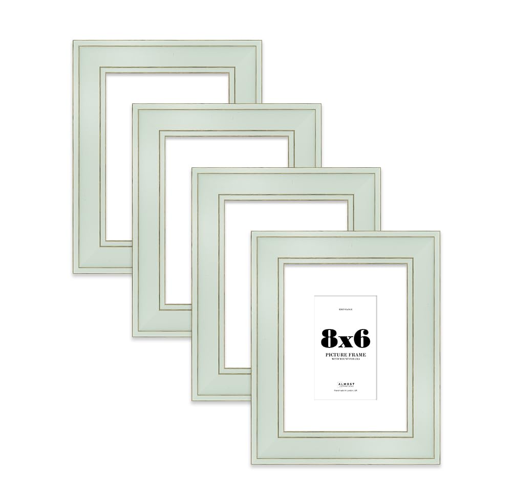 8x6" Sage Green Picture Frame with 5x3" Mount - Shabby Chic Photo Frame with Distressed Finish, Gold Trim, Wall Hooks and Kickstand, 37mm Edge - 4 Pack