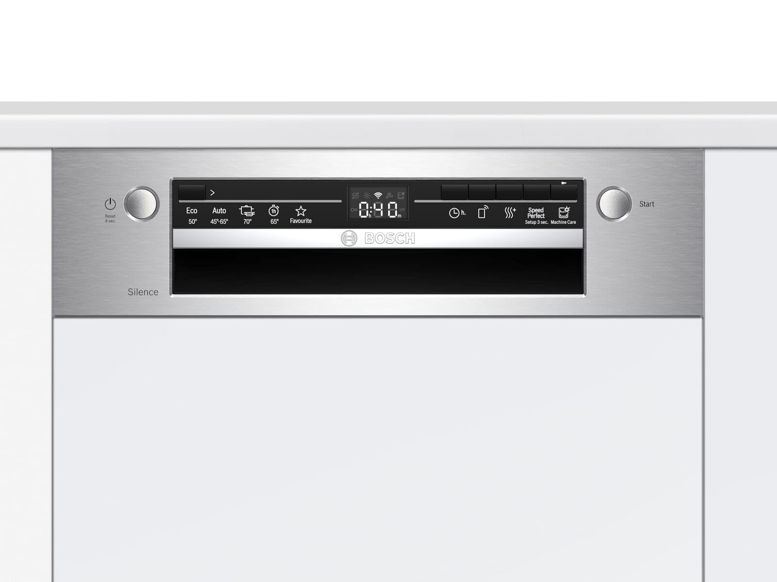 Bosch Lavavajillas SPI2IKS10E Serie 2 parcialmente integrado, F, 45 cm, acero inoxidable, 78 kWh/100 ciclos, 9 MGD, secado extra, cesta para cubiertos Vario, Home Connect