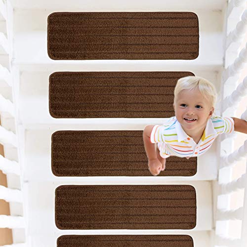 RainDecor Stair Treads Stripes Design Soft Carpet Surface with Slip Resistant Rubber Backing Machine Washable, Brown, 8 ½ inch X 27 ½ inch, 13 Pcs Set