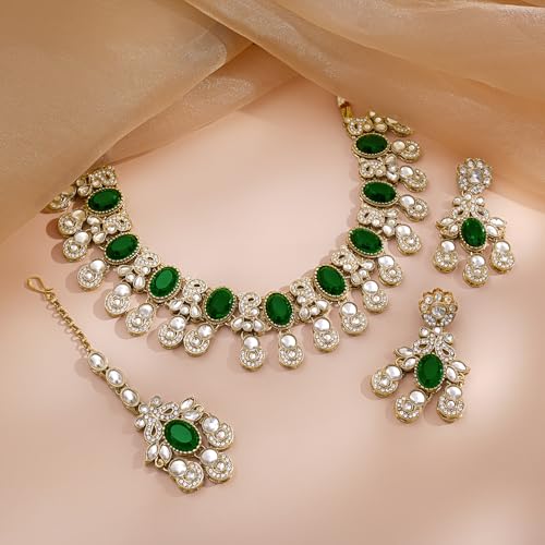 Image of Rubans Necklace Maangtikka Set Gold Plated Kundan & Pearl Jewellery Gift for Women & Girls