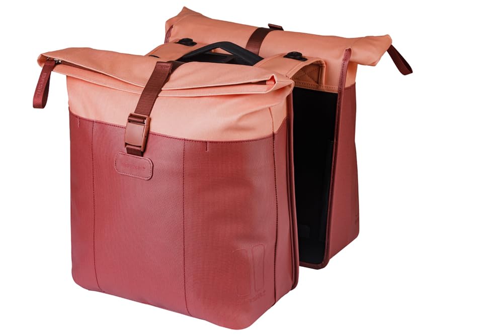 Basil Vive Double Bicycle Pannier Rack - 28-35L - with MIK Adapter Plate - Waterproof - Reflective - Made of Recycled Material - 30 x 14 x 38 cm - Red