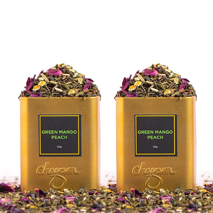 Image of Chayam Premium Organic Mango Peach Green Tea - 50g each | Exotic Blend With Peppermint, Orange Peel & Whole Leaf Rose Petals for Refreshing & Aromatic Taste with Fresh Natural Ingredients - Pack of 2