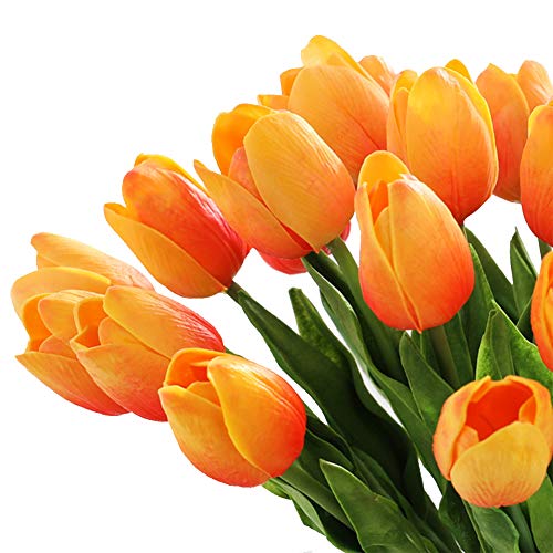 30Pcs Real Touch Tulips Pu Artificial Flowers, Fake Tulips Flowers For Arrangement Wedding Party Easter Spring Home Dining Room Office Decoration. (Orange, 14" Tall) #TOP6